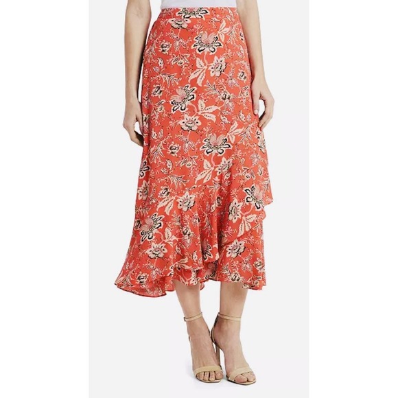 Vince Camuto Antique Floral Faux Wrap Ruffle Asymmetrical Hem Midi Skirt Size 4 - Picture 1 of 10